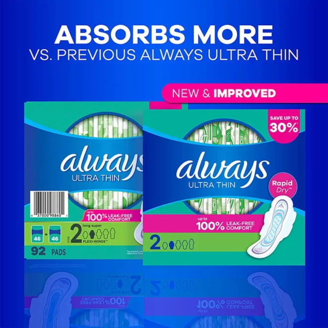 Always Ultra Thin Long Super Pads with Wings, Size 2, 92 ct. - Image 3