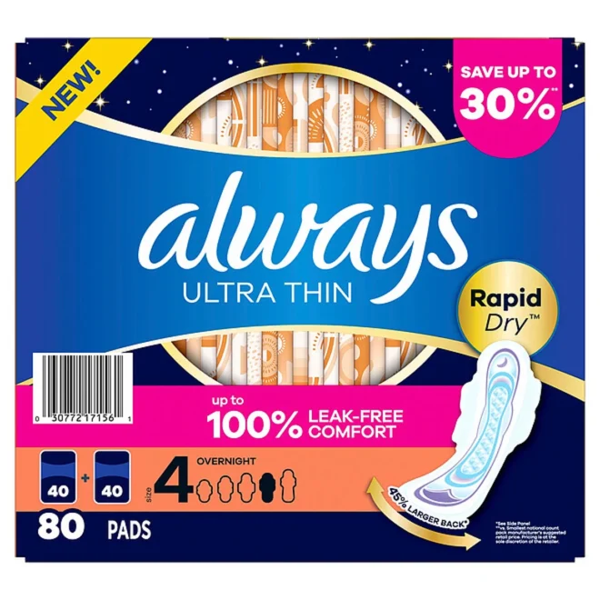 Always Ultra Thin Overnight Pads with Wings, Size 4, 80 ct. - Image 9