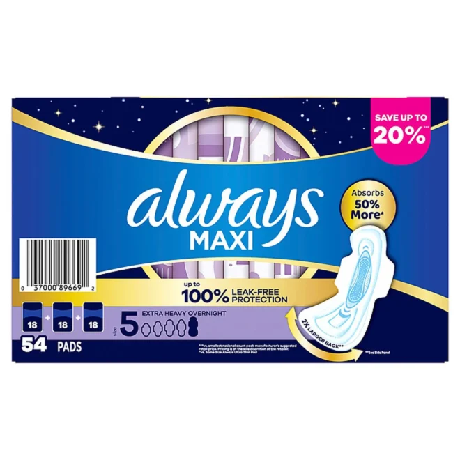 Always Maxi Overnight Pads with Wings, Size 5, 54 ct. - Image 9