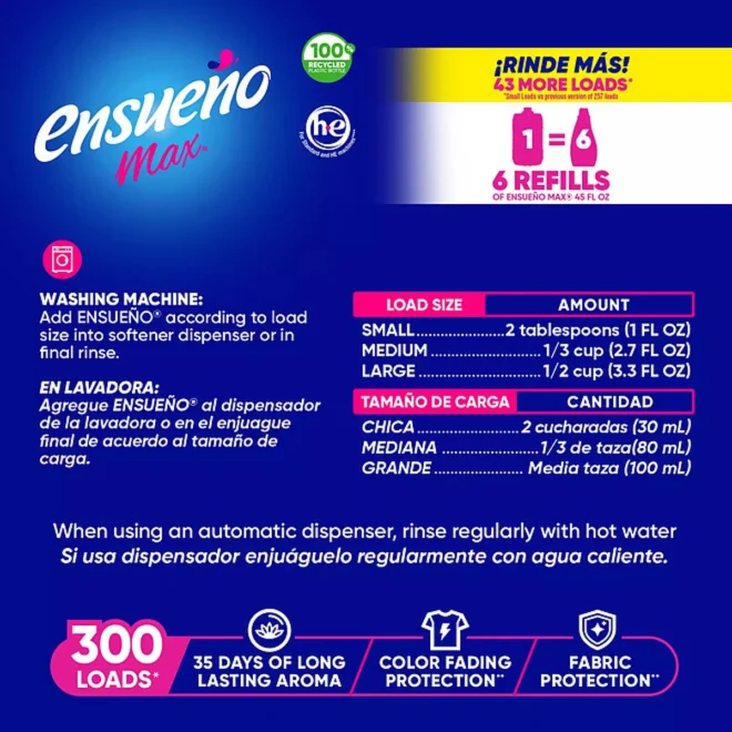 Ensueño Max Liquid Fabric Softener, Spring Fresh Scent, 300 loads, 304 fl. oz. - Image 5