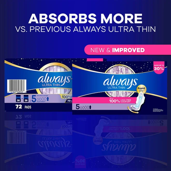 Always Ultra Thin Extra Heavy Overnight Pads with Wings, Size 5, 72 ct. - Image 3