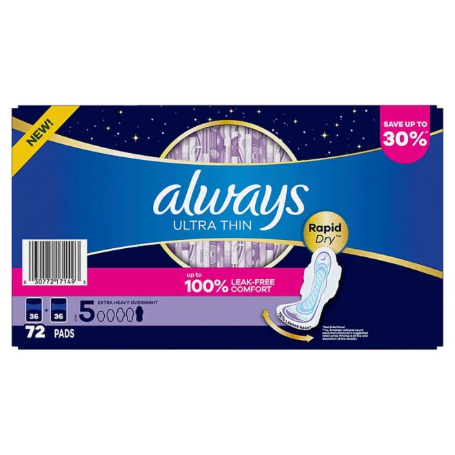 Always Ultra Thin Extra Heavy Overnight Pads with Wings, Size 5, 72 ct. - Image 9