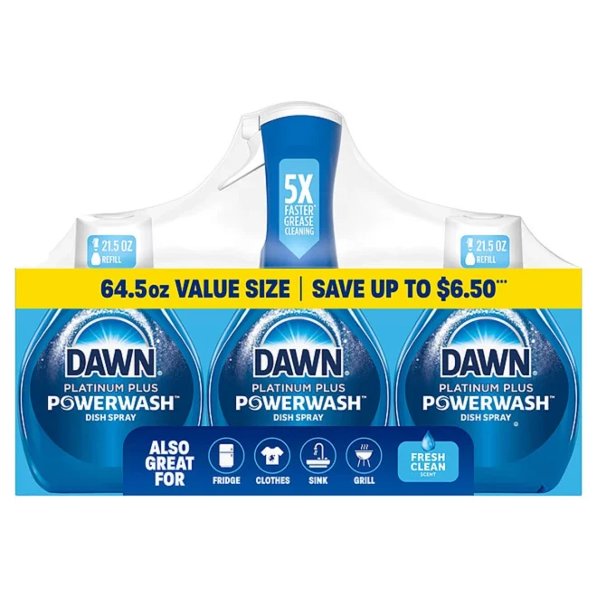 Dawn Platinum Plus Powerwash Dish Spray Bottle Set, Fresh Scent, 1 Spray Bottle + 2 Refills, 64.5 fl. oz.